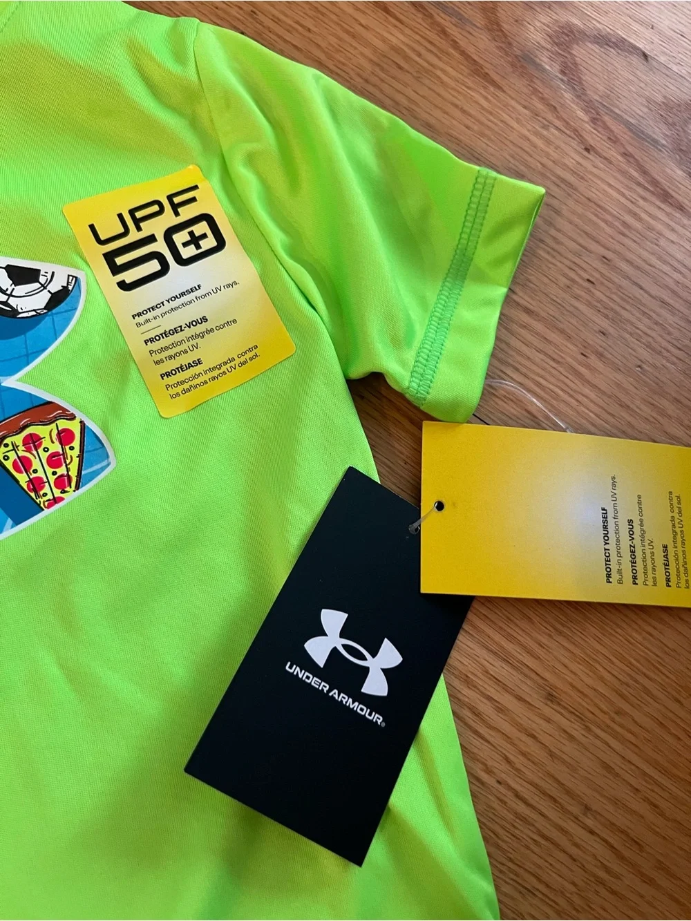 Under Armour UPF 50+ Lime Green Swim Shirt and Blue Patterned Swim Trunks Set